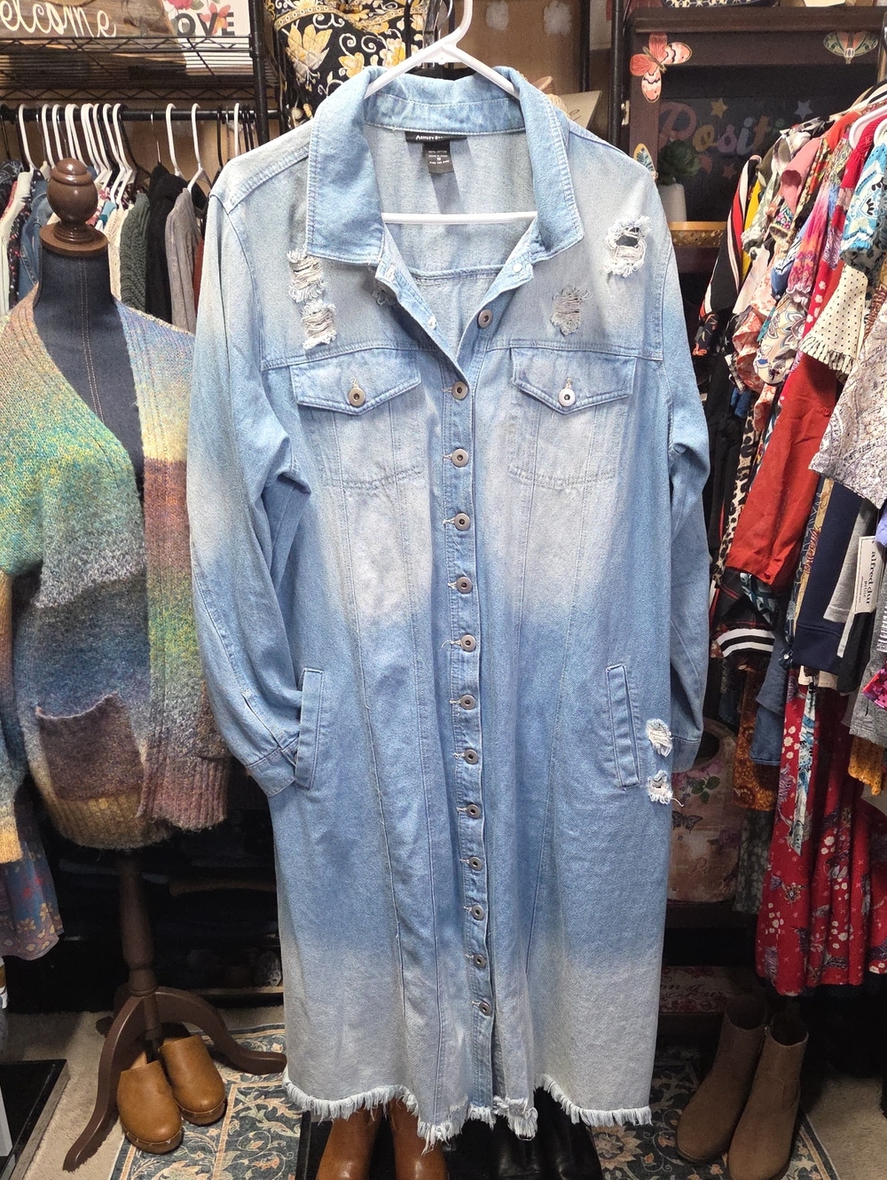 Ashley Stewart Light Blue Distressed Denim Maxi Shirt Dress